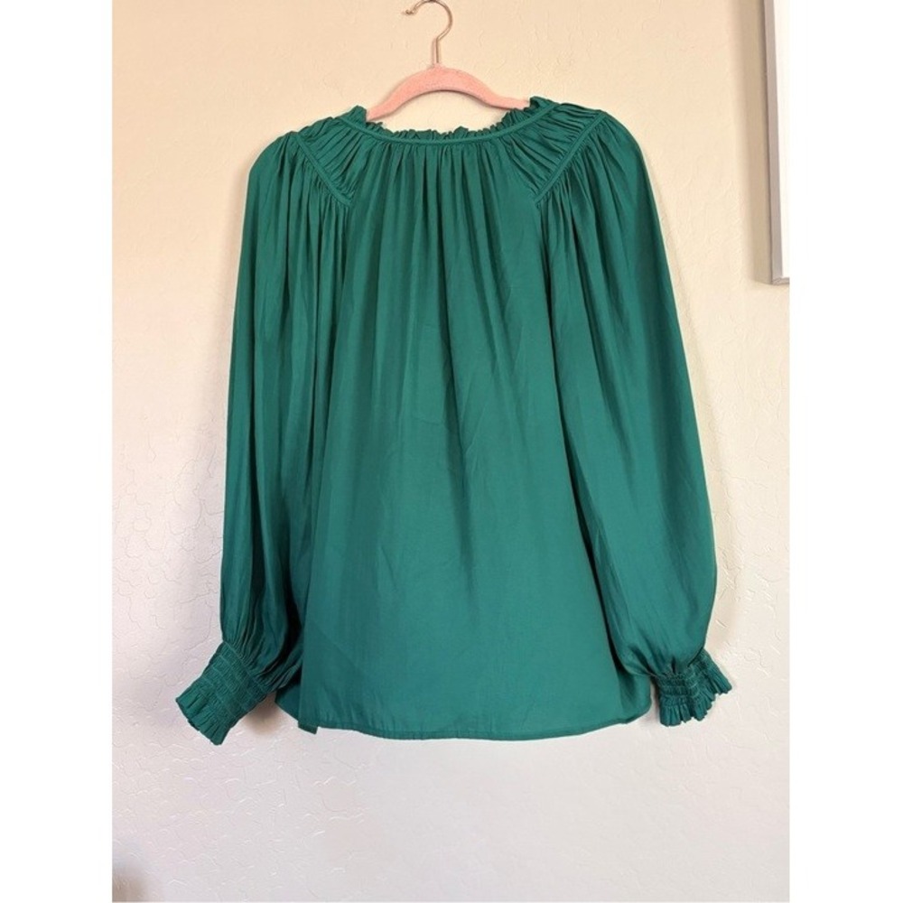 LOFT Peasant Blouse Women Large Green Excellent Smocked Tie Neck Long Sleeve - Picture 5 of 6